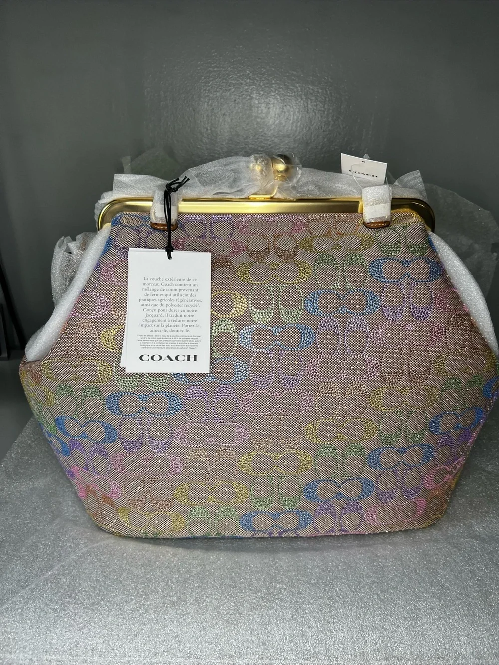 Coach Large Rainbow Crystal Kisslock Frame Leather Shoulder Bag